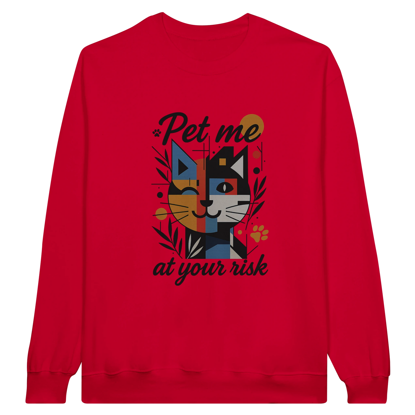 Red sweatshirt featuring cat print and phrase “Pet me at your risk.”