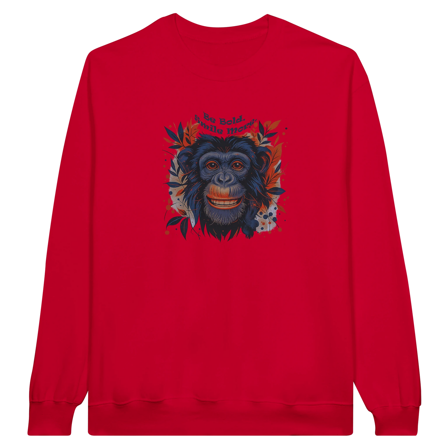 Front view — red sweatshirt with colorful chimpanzee graphic design and text.