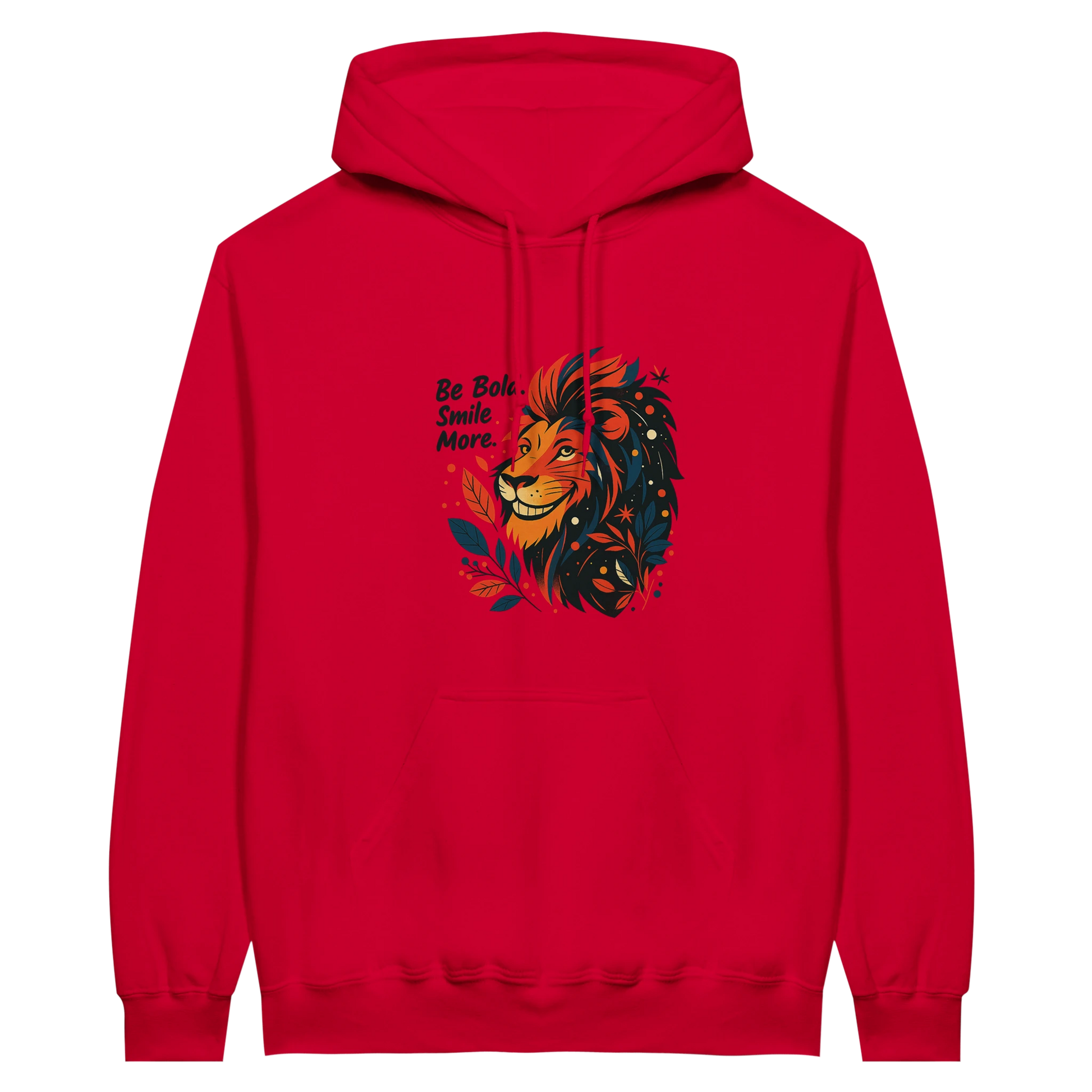 Red hoodie with a striking lion face illustration and the motivational quote on the chest, making a strong fashion statement.