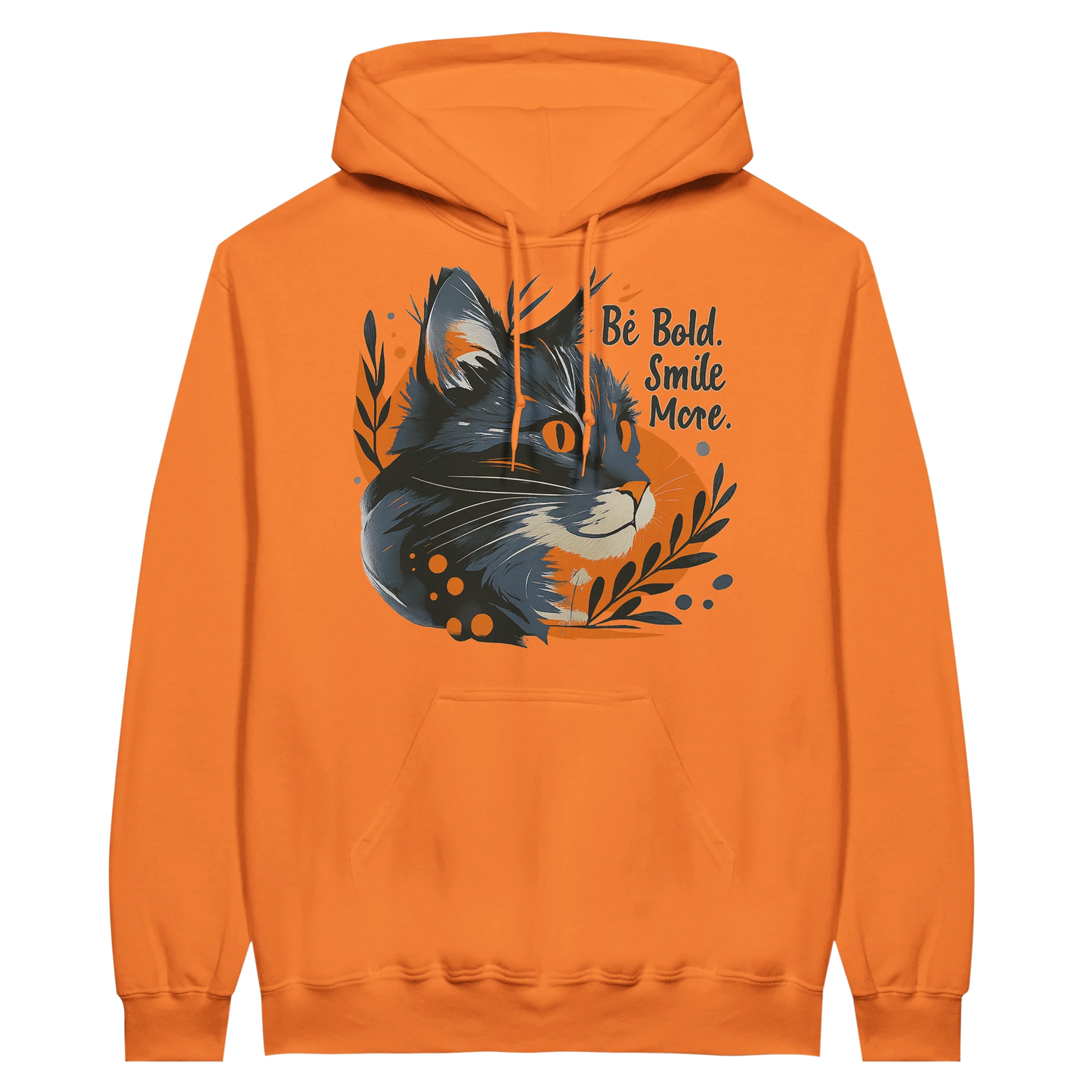 Black midweight fleece adult hoodie with cat illustration and motivational text on the front.