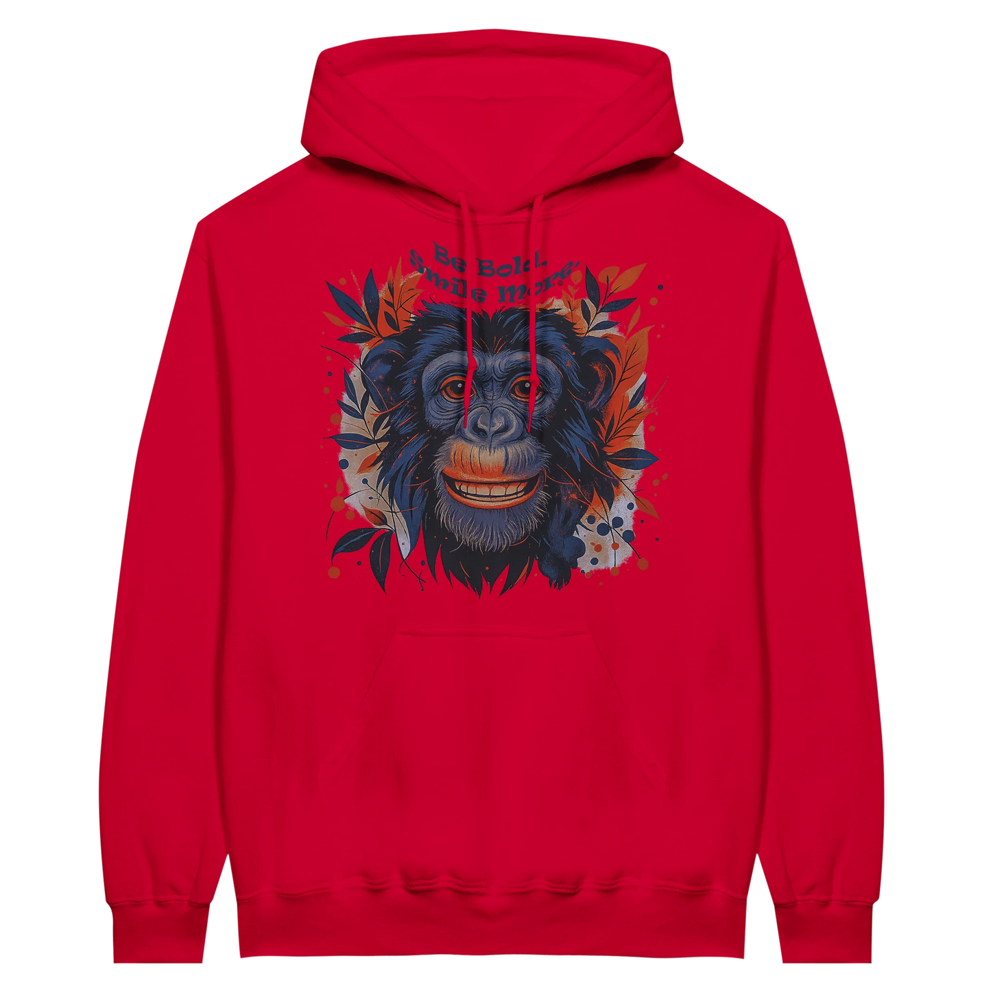 Red hoodie with vibrant chimpanzee illustration and inspirational slogan.