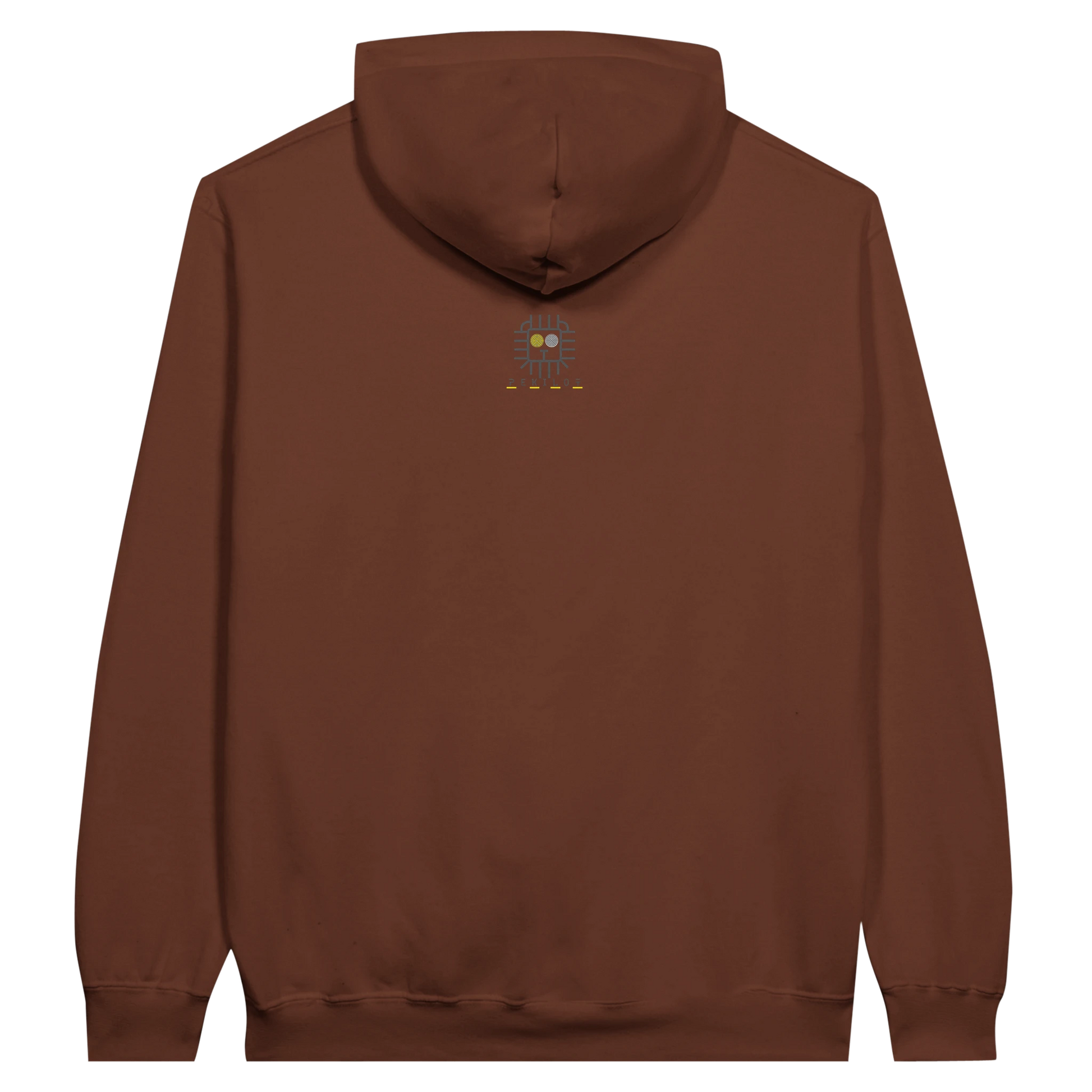brown hoodie with monkey design, back view.