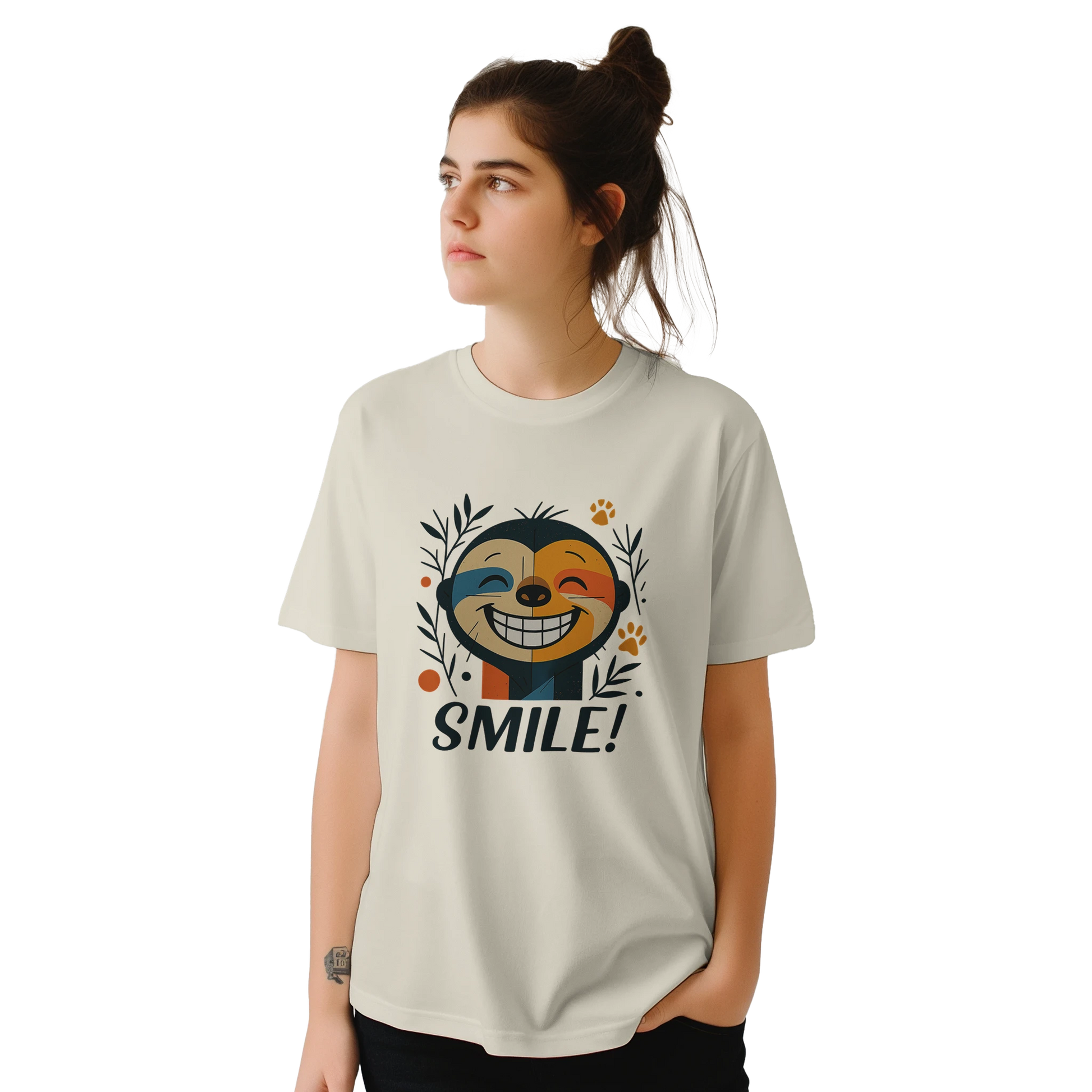 Female model wearing white T-shirt — front view; same graphic and text SMILE!.