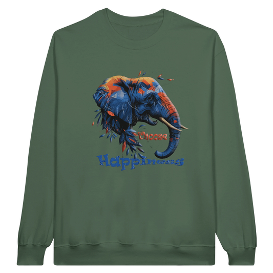 Front view — green sweatshirt with “Choose Happiness” elephant graphic design.