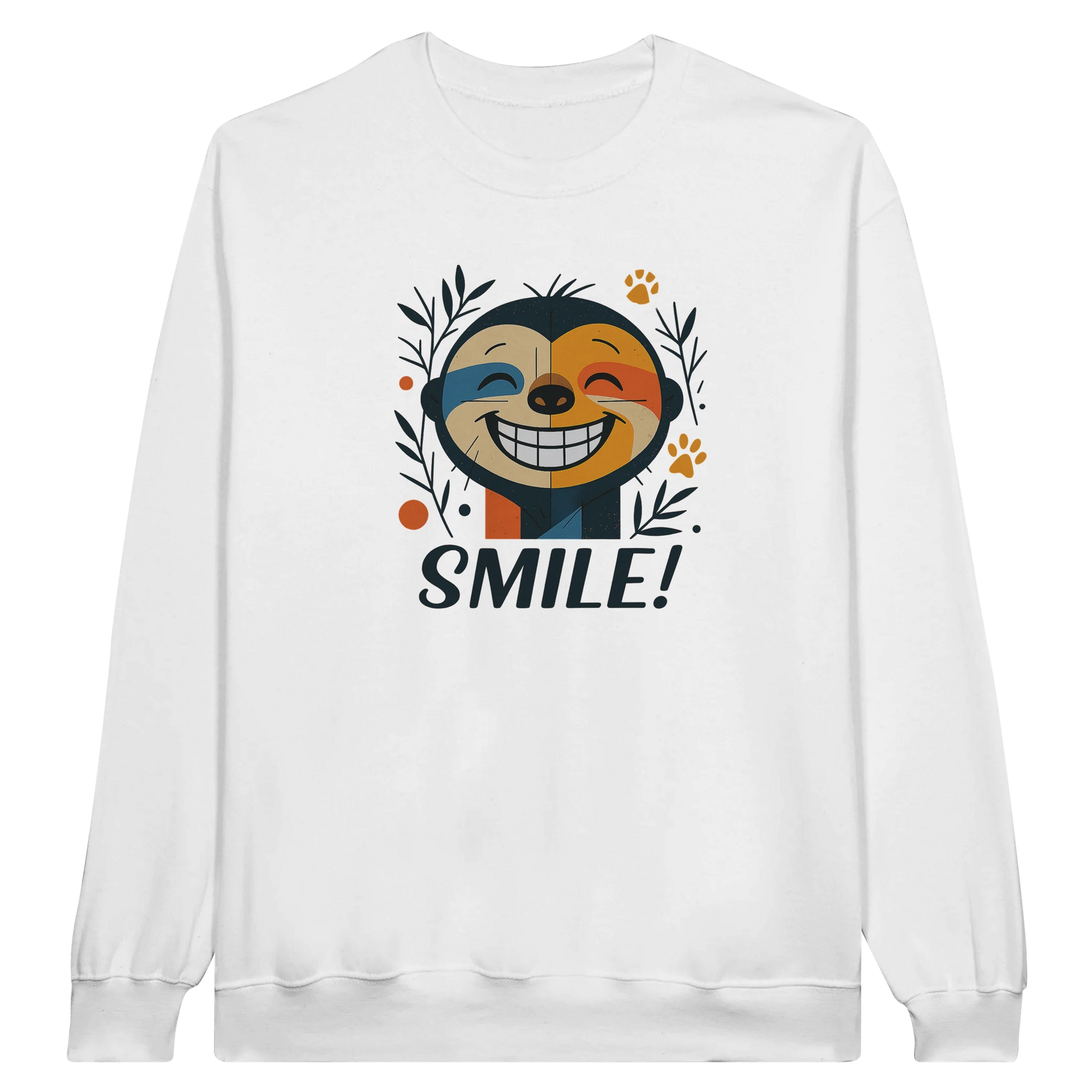 Front view — white sweatshirt with smiling sloth (perezoso) graphic and text “SMILE!”