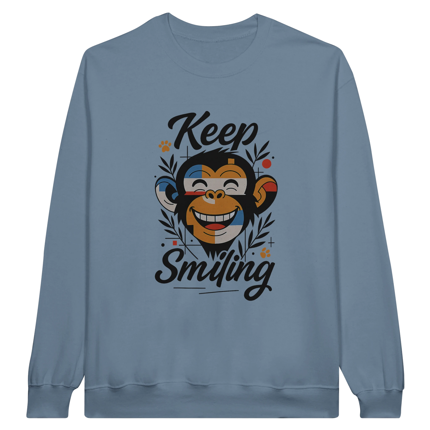 Front view — blue-gray sweatshirt with “Keep Smiling” monkey graphic design.