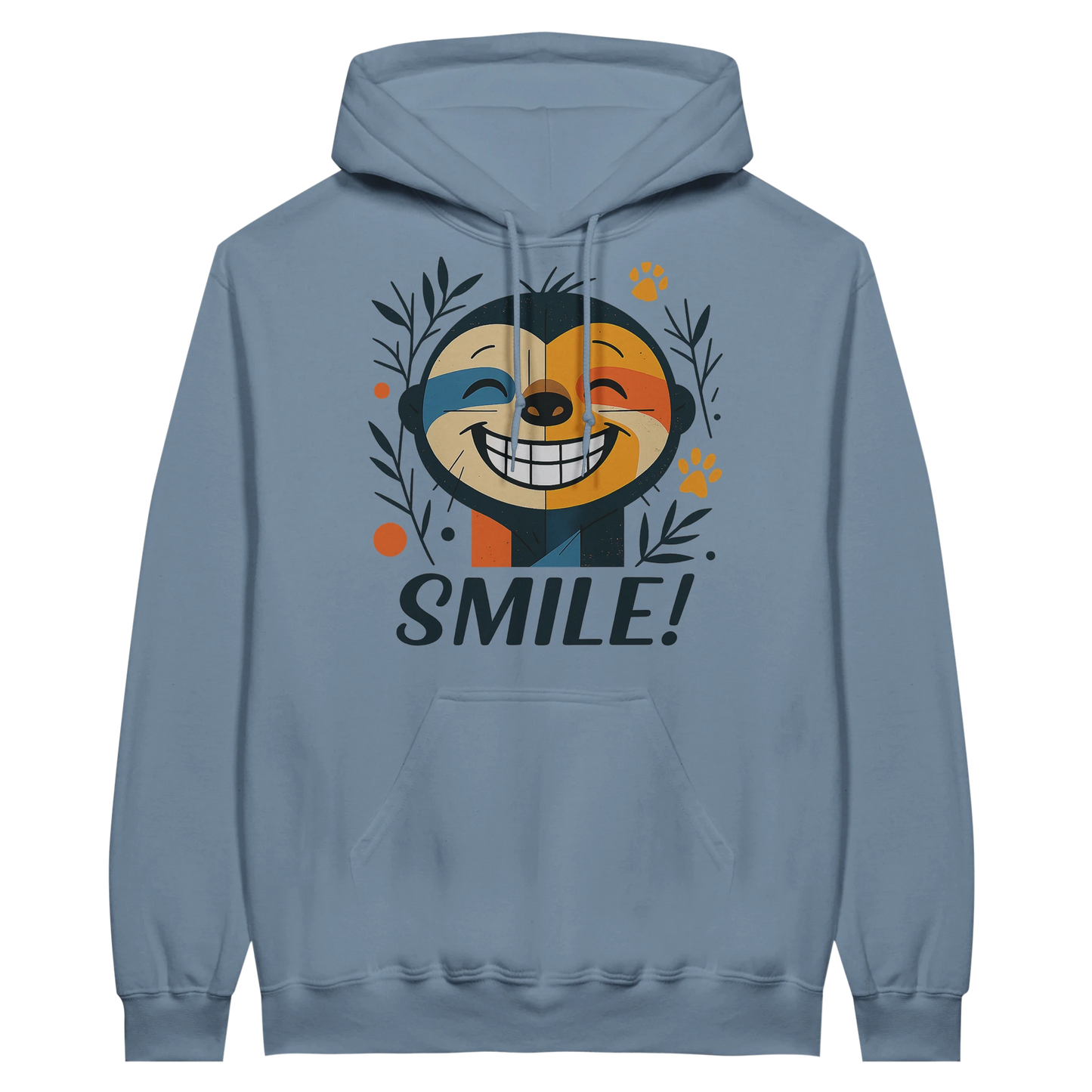 Light blue hoodie featuring smiling sloth artwork and motivational text.