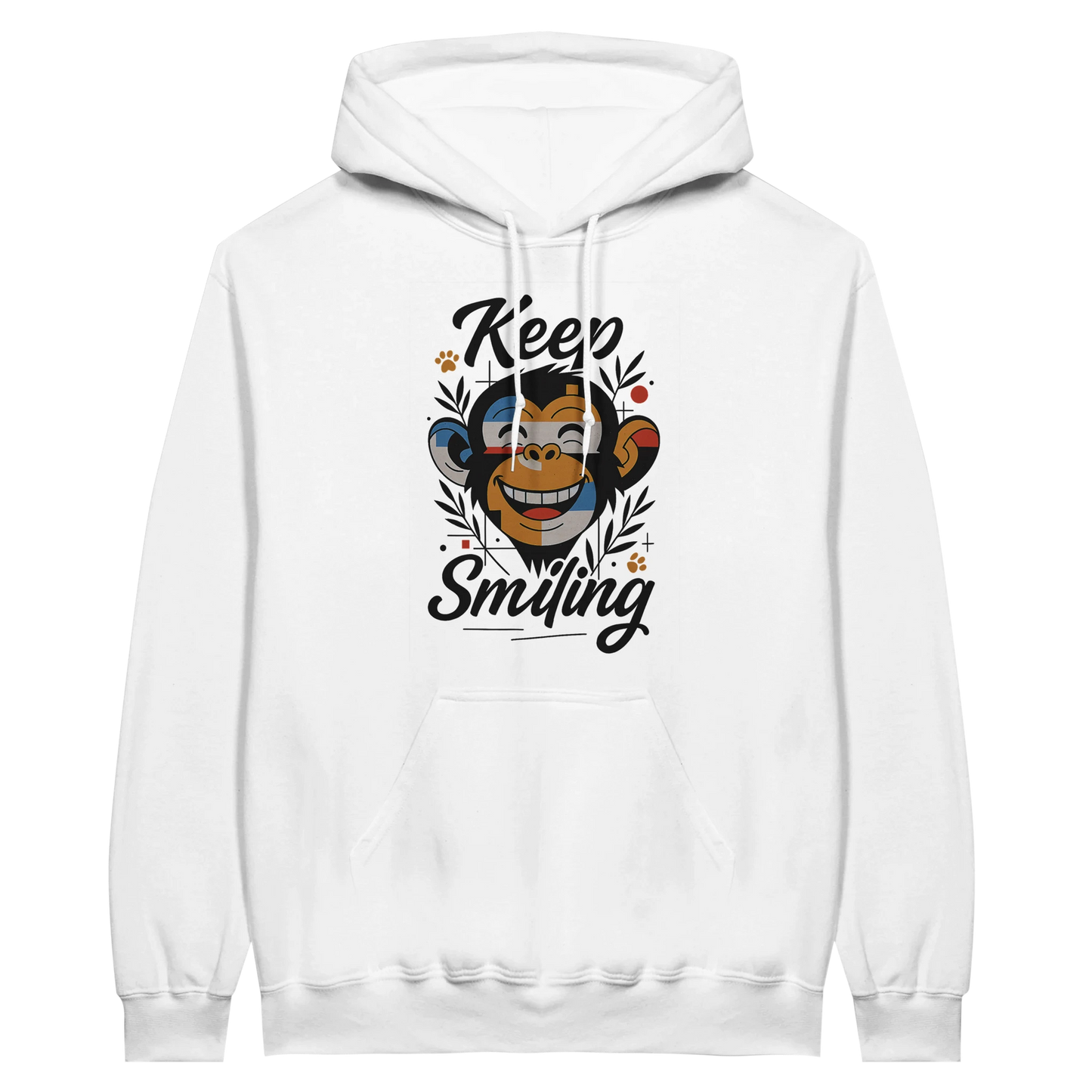 White hoodie with cheerful monkey illustration and slogan.