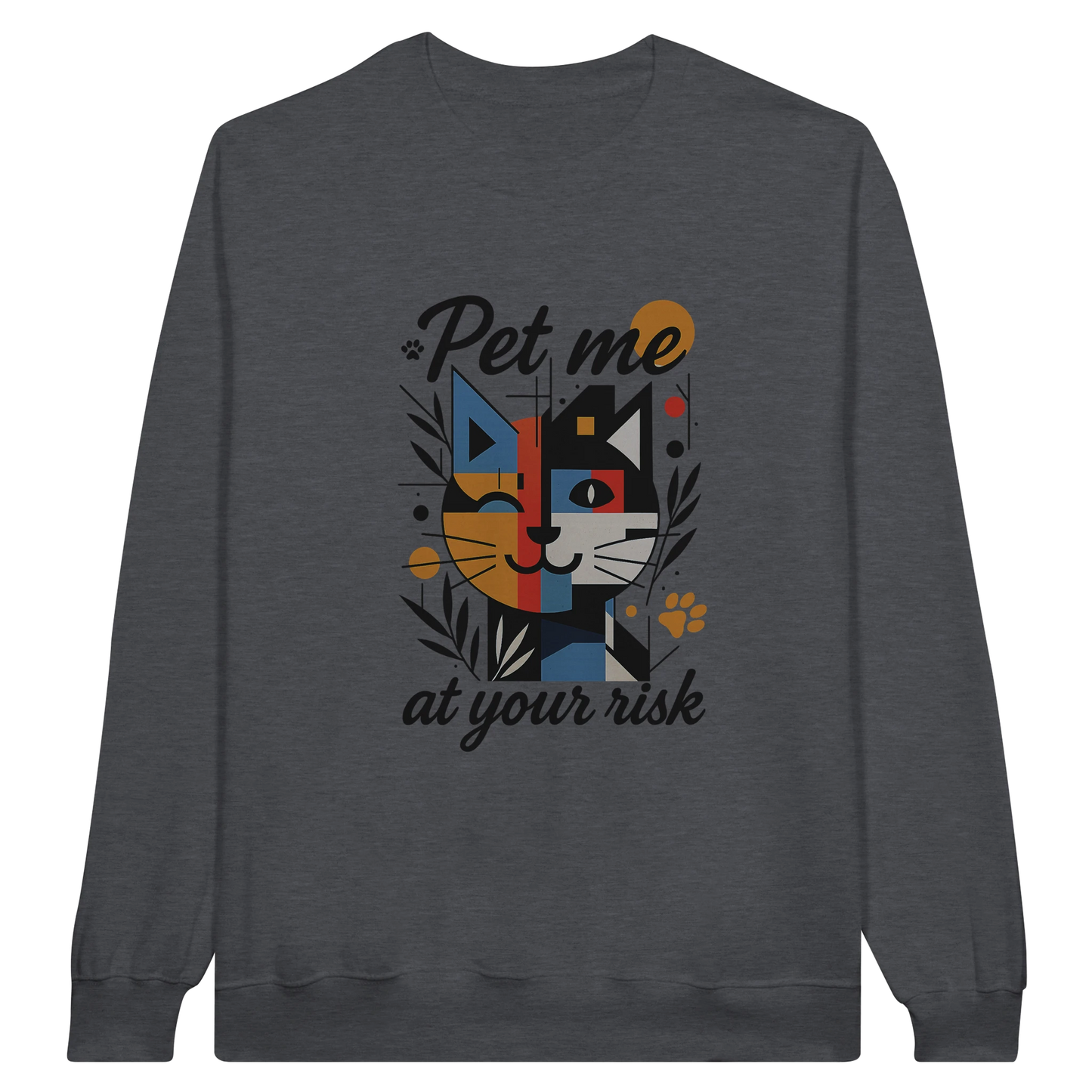 Dark grey sweatshirt with bold cat illustration and text “Pet me at your risk.”