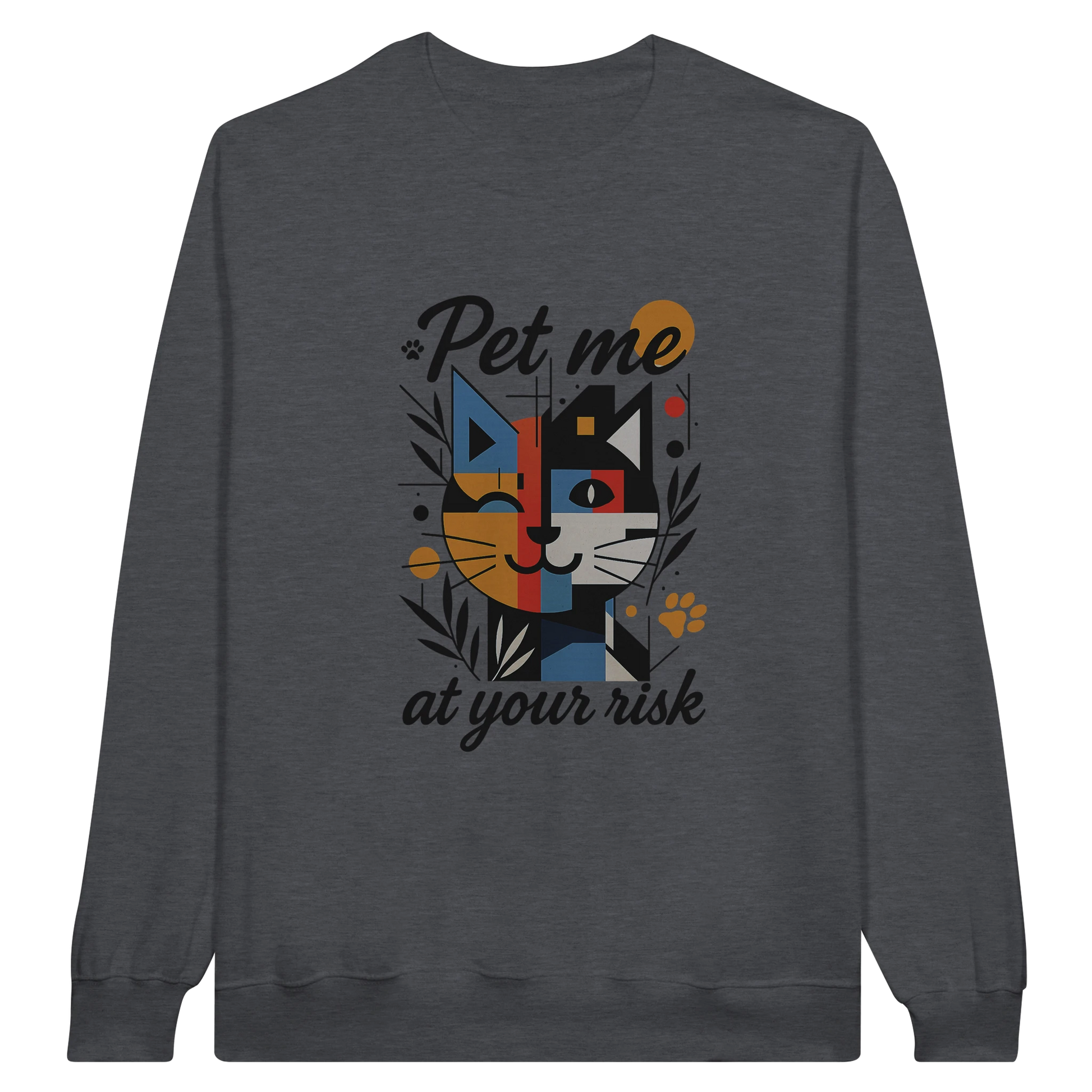 Dark grey sweatshirt with bold cat illustration and text “Pet me at your risk.”
