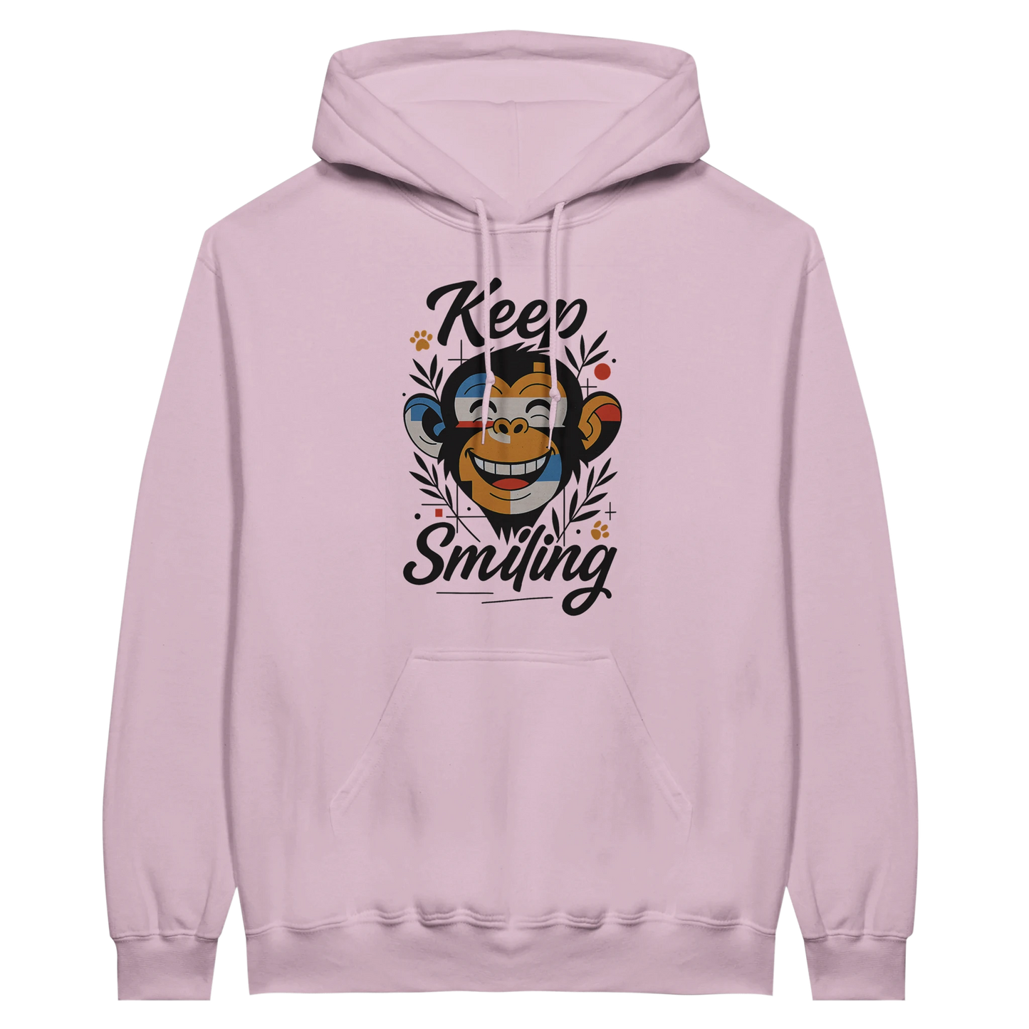 Pink hoodie with smiling monkey and uplifting message “Keep Smiling”.