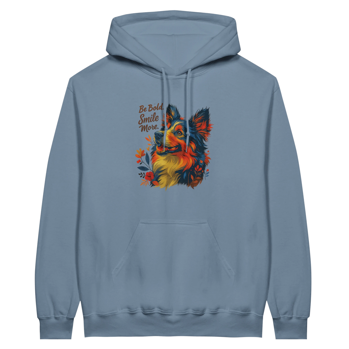 Blue hoodie with the same monkey design and positive phrase, blending cool tones with artistic details.