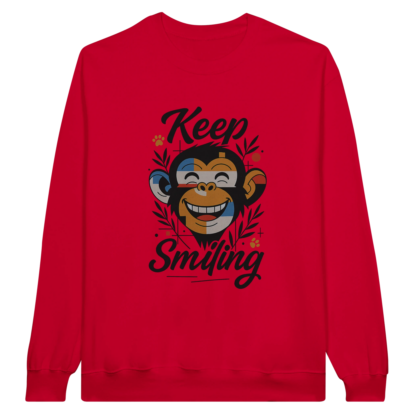 Front view — red sweatshirt with “Keep Smiling” monkey graphic design.