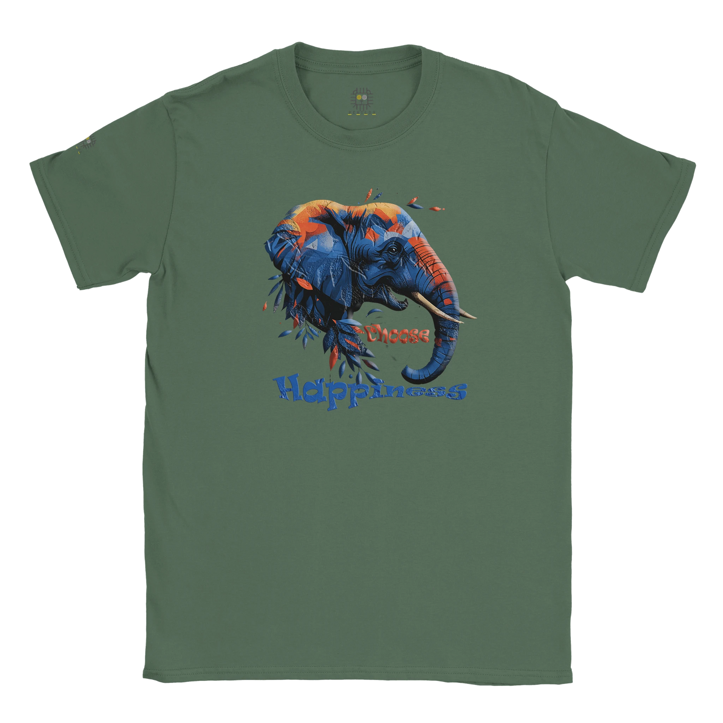 Green unisex T-shirt with a colorful dog illustration and the slogan “Happiness is a Choice,” displayed flat.
