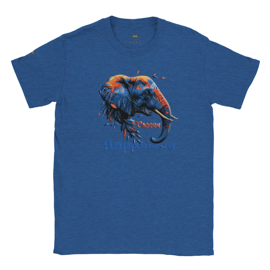 Blue unisex T-shirt with a colorful dog illustration and the slogan “Happiness is a Choice,” displayed flat.