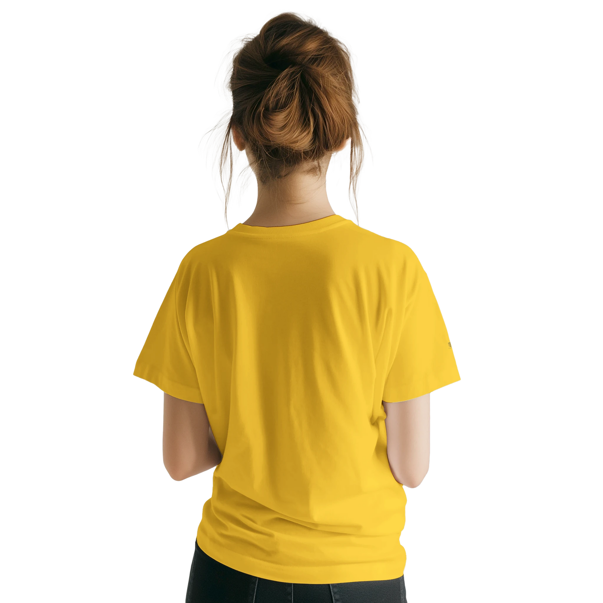 Female model wearing a yellow T-shirt with a lion illustration and slogan “Be Bold Stay Strong,” back view