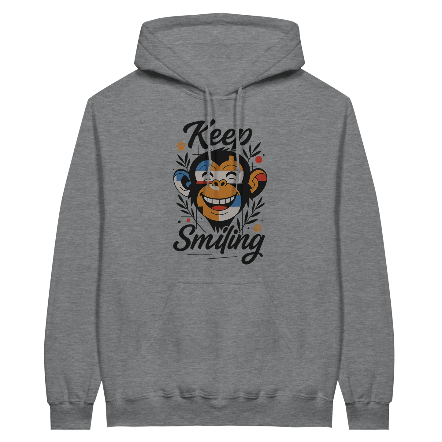 Grey hoodie with monkey design and black “Keep Smiling” lettering.