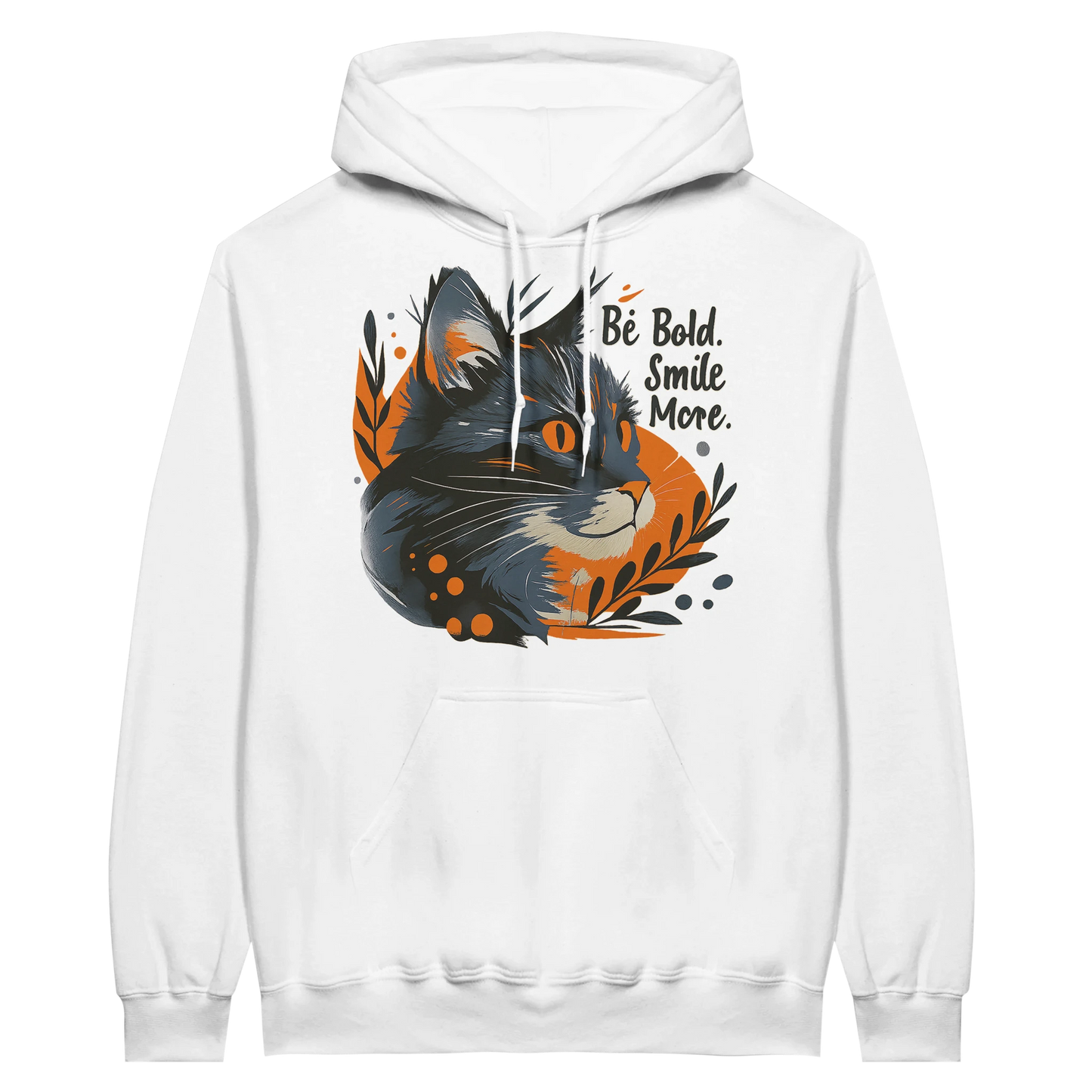 Grey midweight fleece adult hoodie featuring cat graphic with orange leaves and inspirational quote.