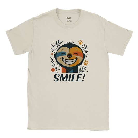 Beige unisex T-shirt — front print: cheerful smiling face with leaves and the word SMILE!; flat lay.