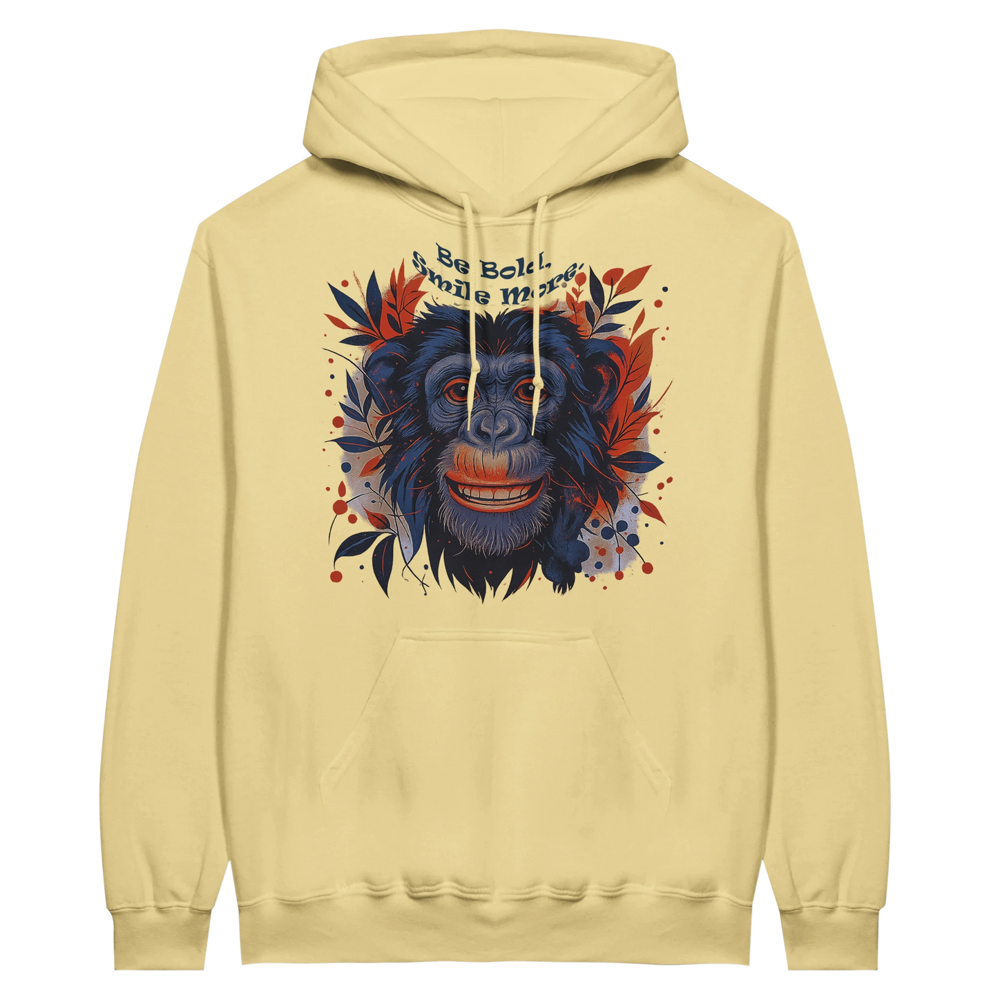 Yellow hoodie featuring bold chimpanzee design and motivational text.