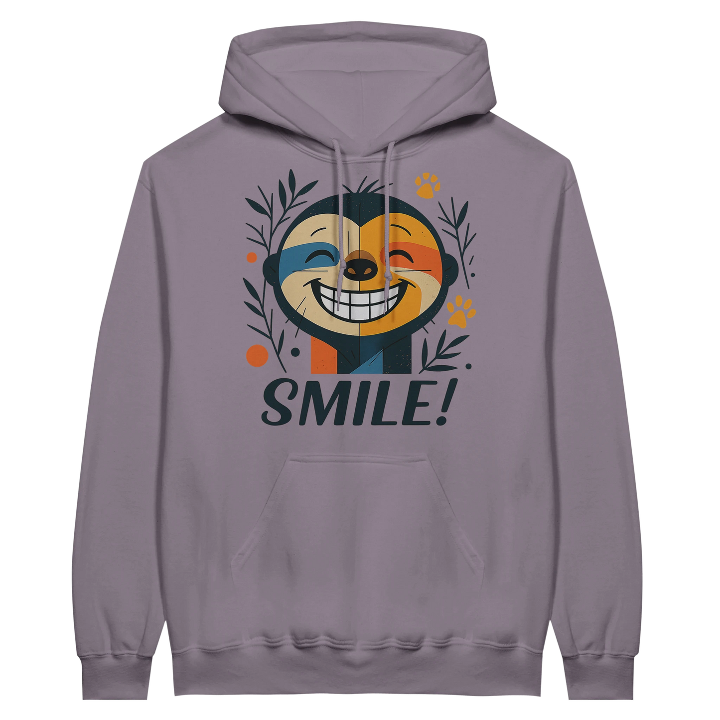 Purple hoodie with sloth artwork and motivational slogan “SMILE!”.