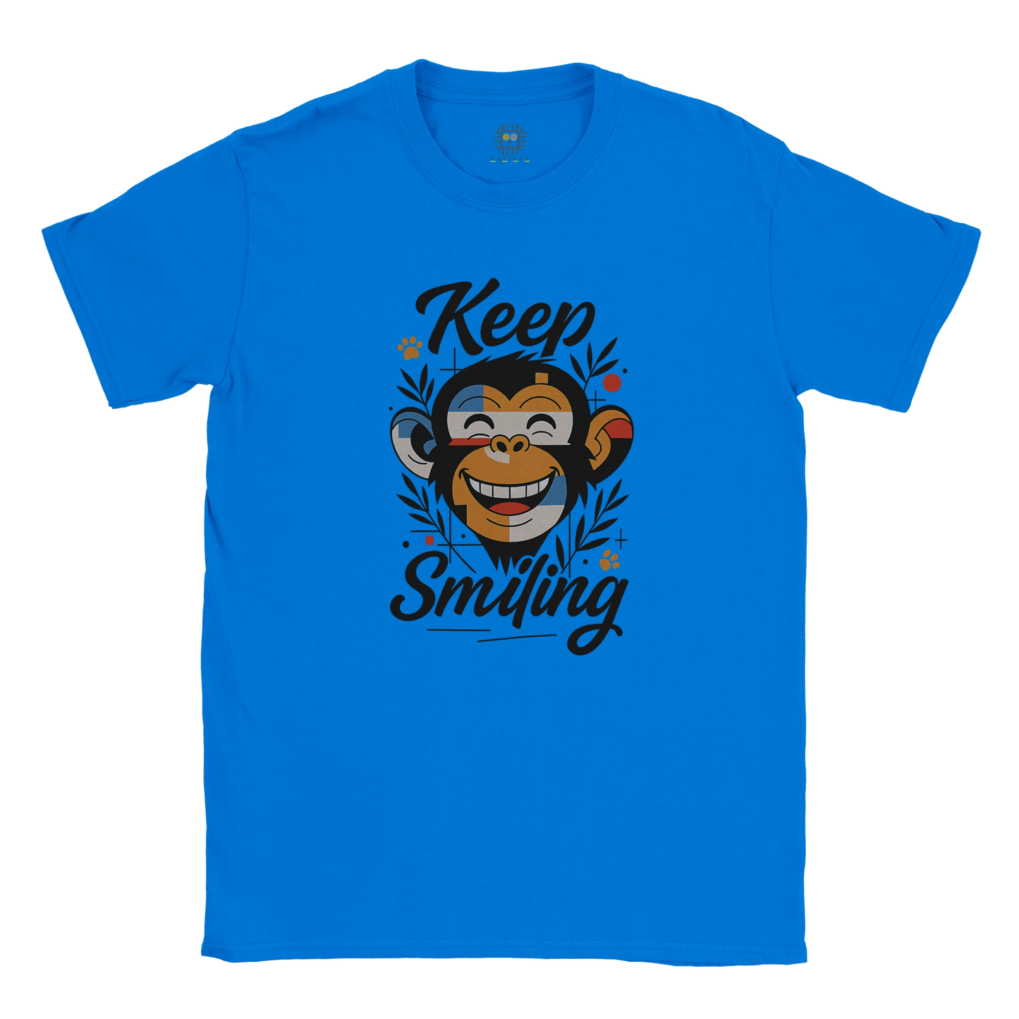 Blue unisex T-shirt — front print: smiling monkey with Keep Smiling; flat lay.