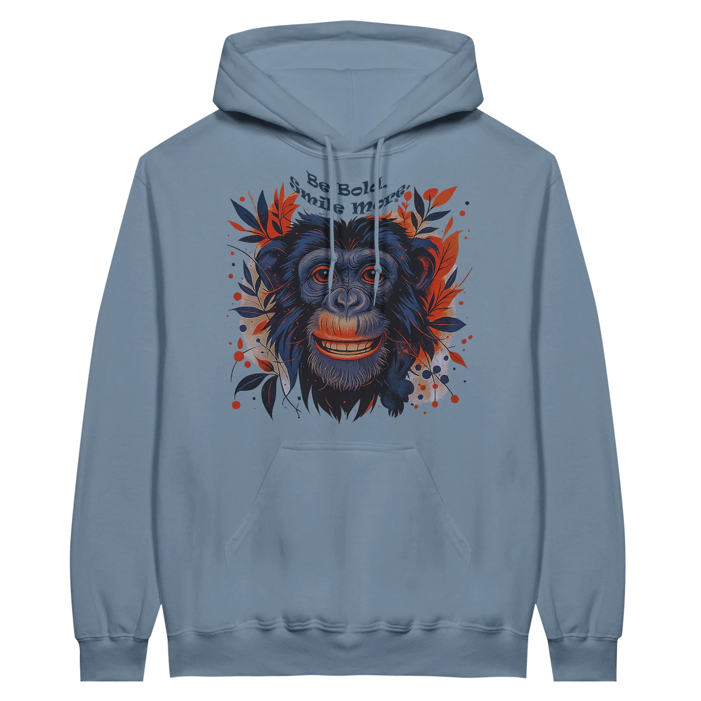 Light blue hoodie with colorful monkey graphic and positive message.