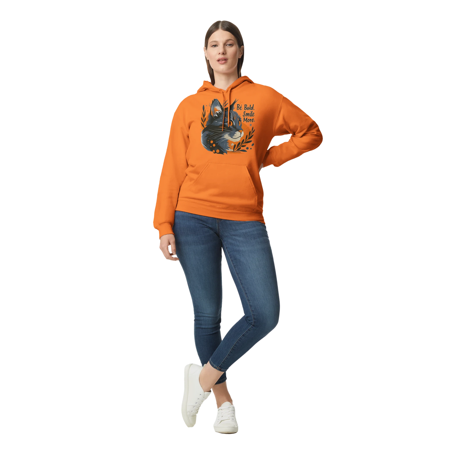 Female model wearing orange hoodie with cat design, front view.