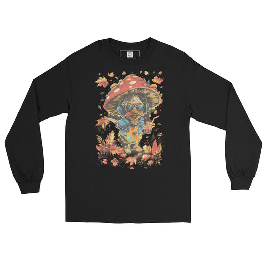 Black crewneck sweatshirt laid flat, featuring a cartoon mushroom with sunglasses and autumn leaves – MushLOL Collection.