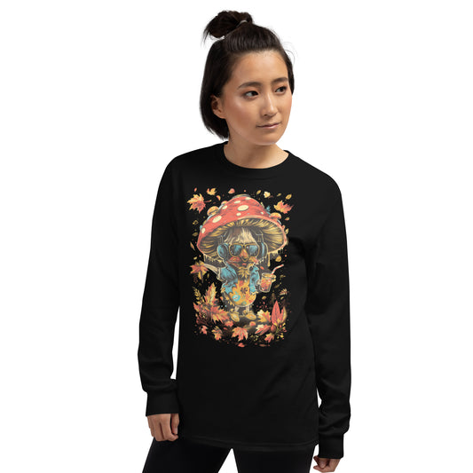 Black crewneck sweatshirt laid flat with funny mushroom and fall leaves print – MushLOL Collection.
