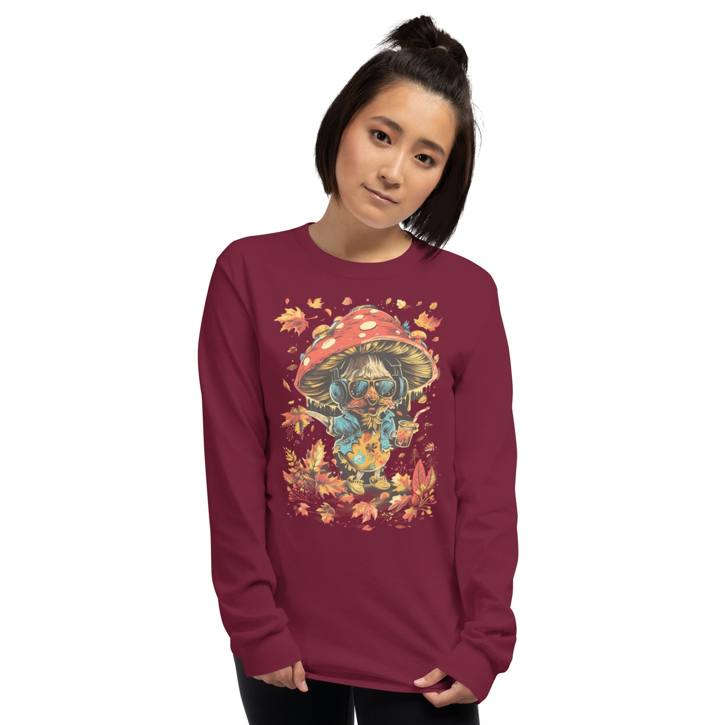 Model wearing burgundy crewneck sweatshirt with cartoon mushroom design – MushLOL Collection.