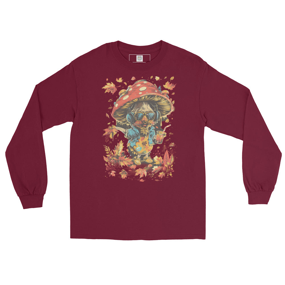 Burgundy crewneck sweatshirt flat lay, autumn mushroom character design – MushLOL Collection.
