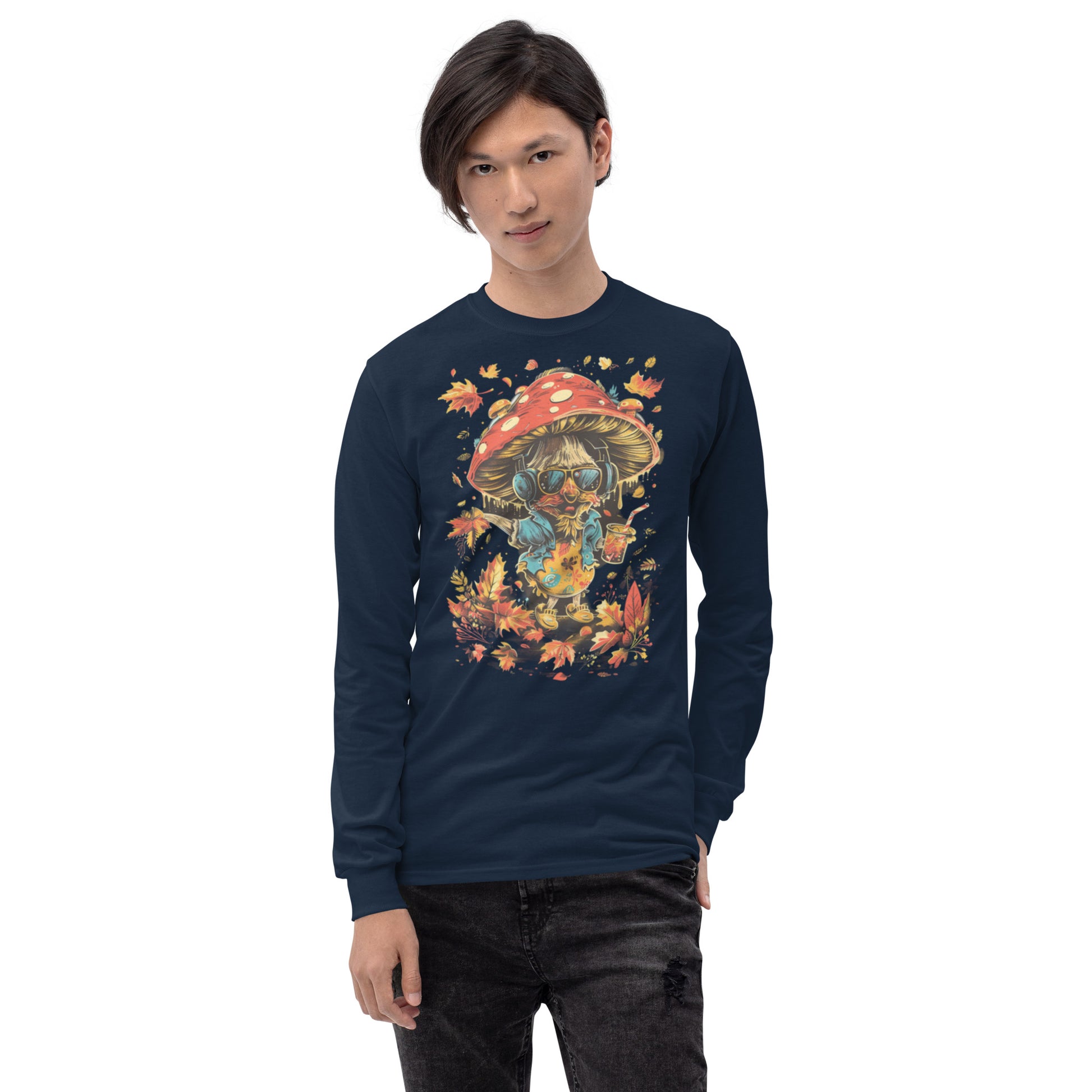 Model wearing navy crewneck sweatshirt with playful mushroom and autumn leaves print – MushLOL Collection.