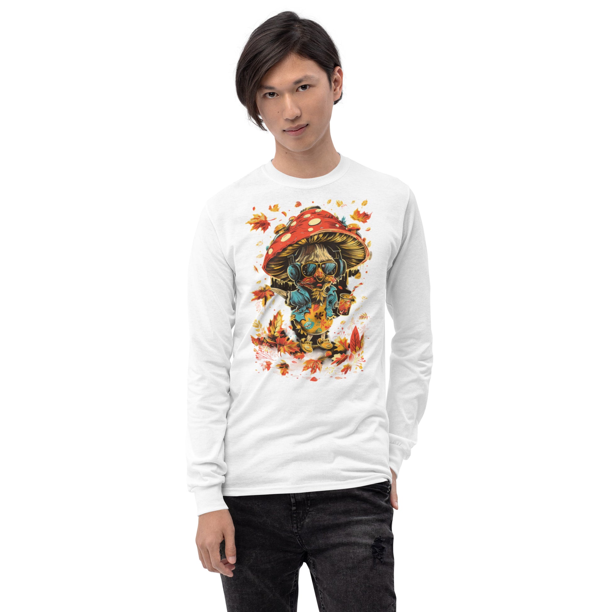 Model wearing white crewneck sweatshirt with autumn mushroom artwork – MushLOL Collection.