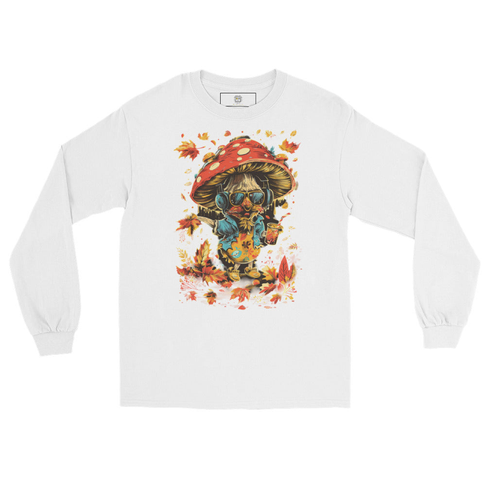 White crewneck sweatshirt flat lay with mushroom in sunglasses surrounded by colorful fall leaves – MushLOL Collection.