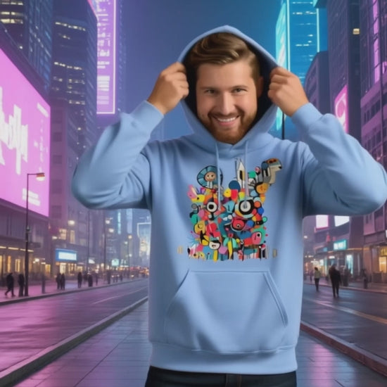 Model wearing Pekilot Japan Pop Chaos hoodie with colorful Japanese-inspired graphic in a neon Tokyo street.