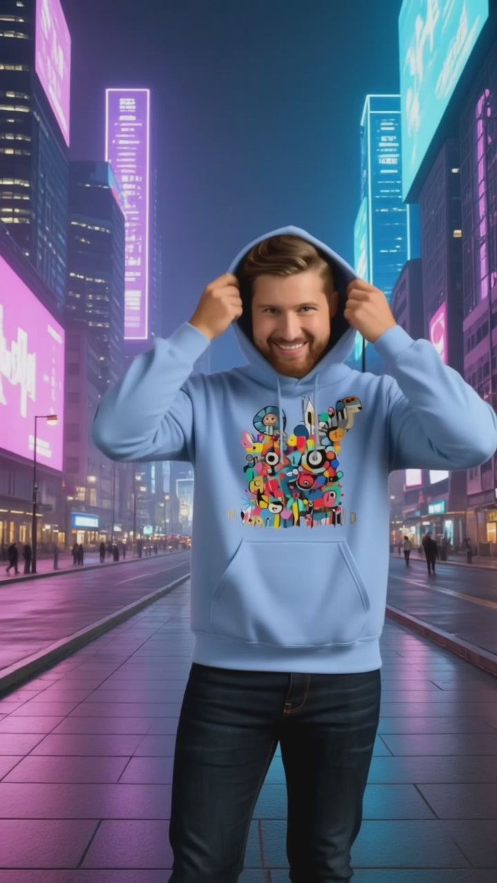 Model wearing Pekilot Japan Pop Chaos hoodie with colorful Japanese-inspired graphic in a neon Tokyo street.