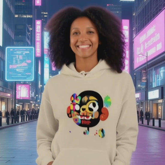 Model wearing Pekilot Japan Pop Chaos hoodie with colorful Japanese-inspired graphic in a neon Tokyo street.