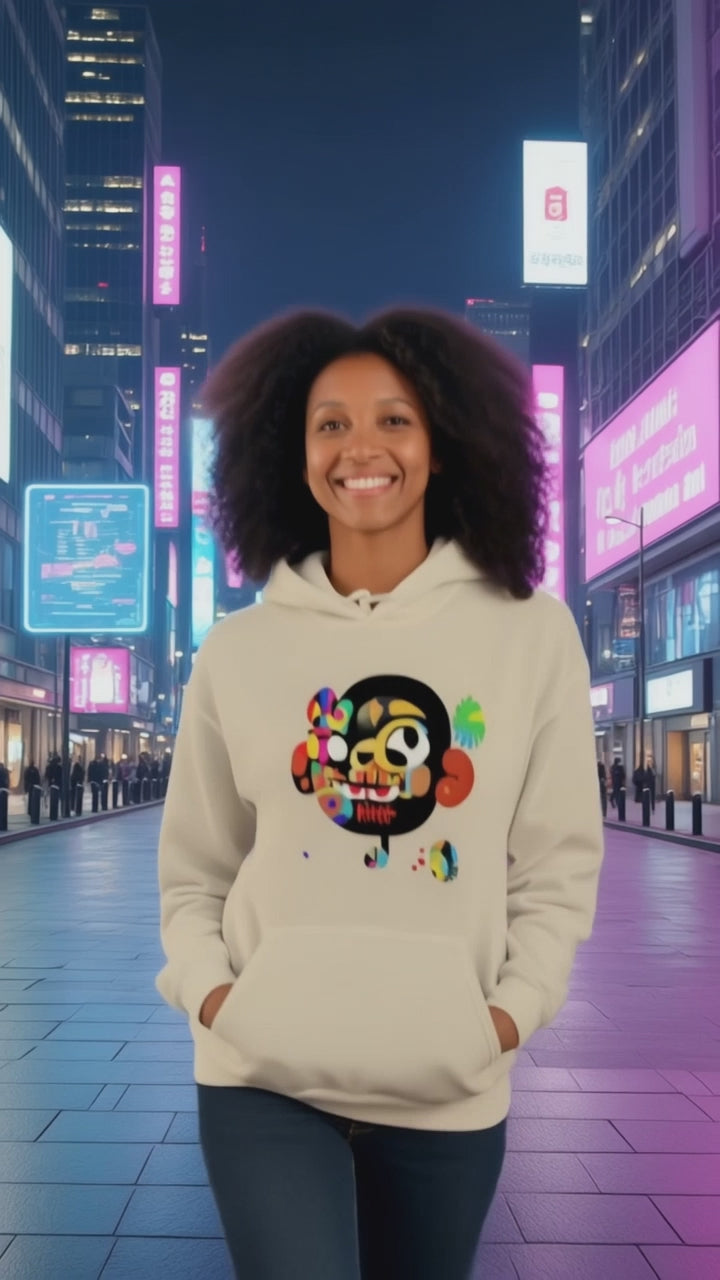 Model wearing Pekilot Japan Pop Chaos hoodie with colorful Japanese-inspired graphic in a neon Tokyo street.