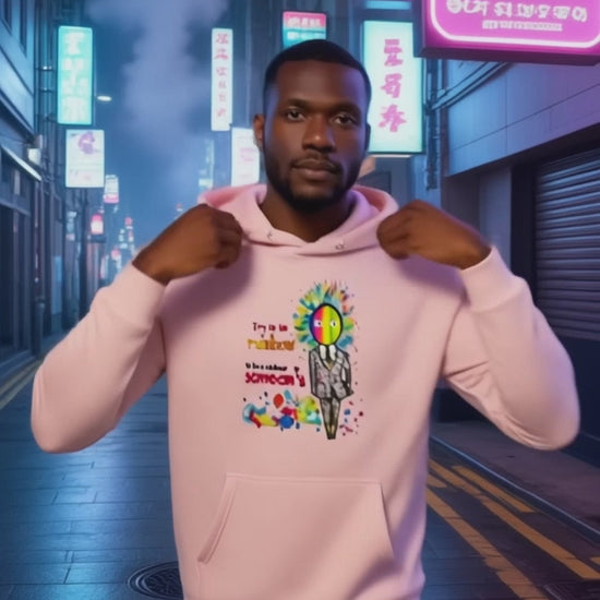 Model wearing Pekilot Japan Pop Chaos hoodie with colorful Japanese-inspired graphic in a neon Tokyo street.