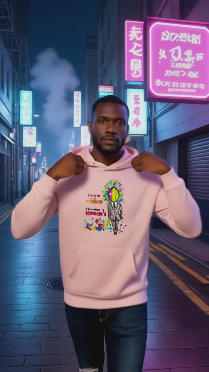Model wearing Pekilot Japan Pop Chaos hoodie with colorful Japanese-inspired graphic in a neon Tokyo street.