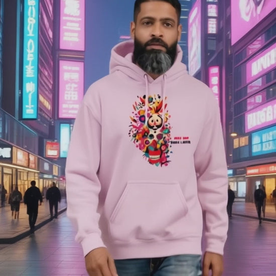 Model wearing Pekilot Japan Pop Chaos hoodie with colorful Japanese-inspired graphic in a neon Tokyo street.