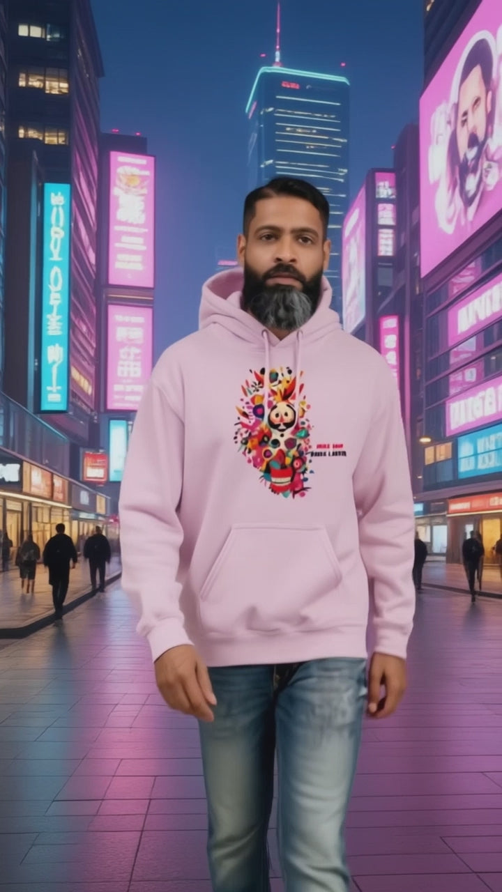 Model wearing Pekilot Japan Pop Chaos hoodie with colorful Japanese-inspired graphic in a neon Tokyo street.