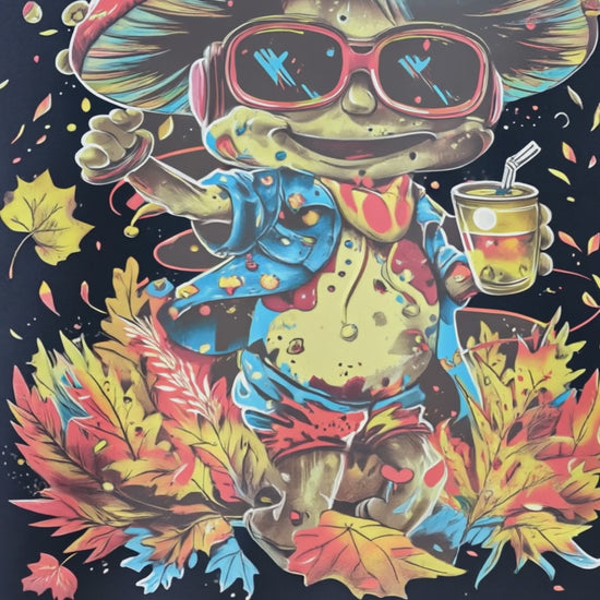 Video showcasing the MushLOL unisex zip hoodie with close-up artwork, back graphic, hood, zipper, and natural movement in an autumn urban setting.