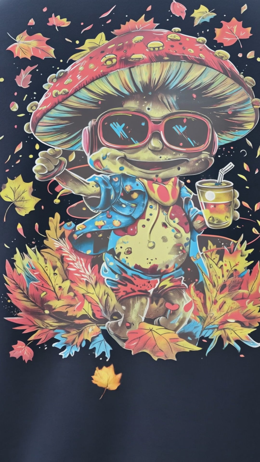 Video showcasing the MushLOL unisex zip hoodie with close-up artwork, back graphic, hood, zipper, and natural movement in an autumn urban setting.