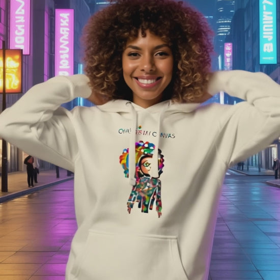 Model wearing Pekilot Japan Pop Chaos hoodie with colorful Japanese-inspired graphic in a neon Tokyo street.