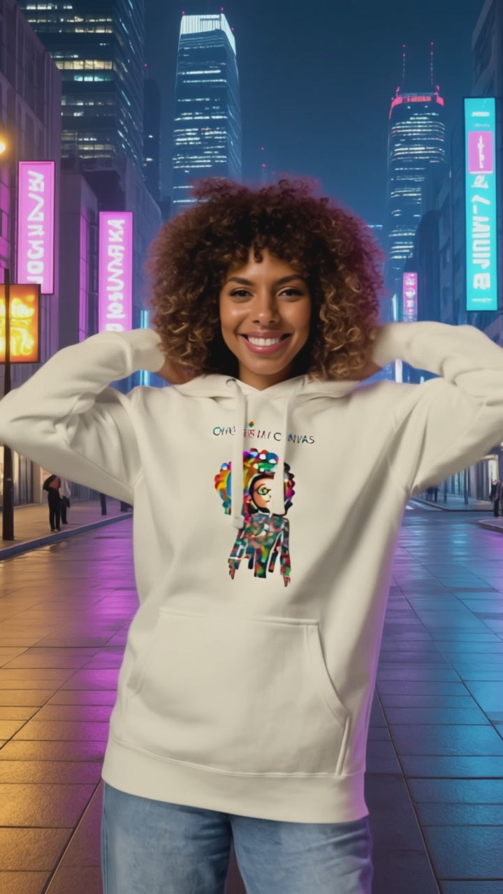 Model wearing Pekilot Japan Pop Chaos hoodie with colorful Japanese-inspired graphic in a neon Tokyo street.