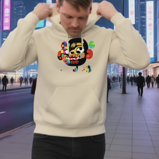 Model wearing Pekilot Japan Pop Chaos hoodie with colorful Japanese-inspired graphic in a neon Tokyo street.