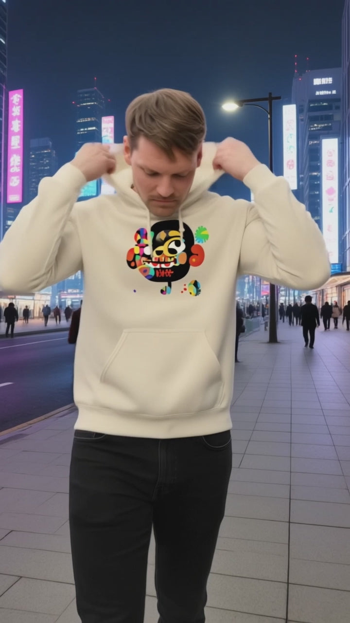 Model wearing Pekilot Japan Pop Chaos hoodie with colorful Japanese-inspired graphic in a neon Tokyo street.