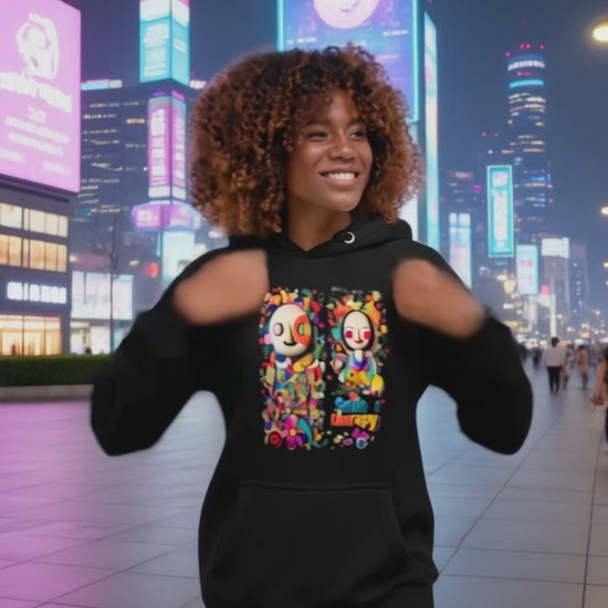 Model wearing Pekilot Japan Pop Chaos hoodie with colorful Japanese-inspired graphic in a neon Tokyo street.